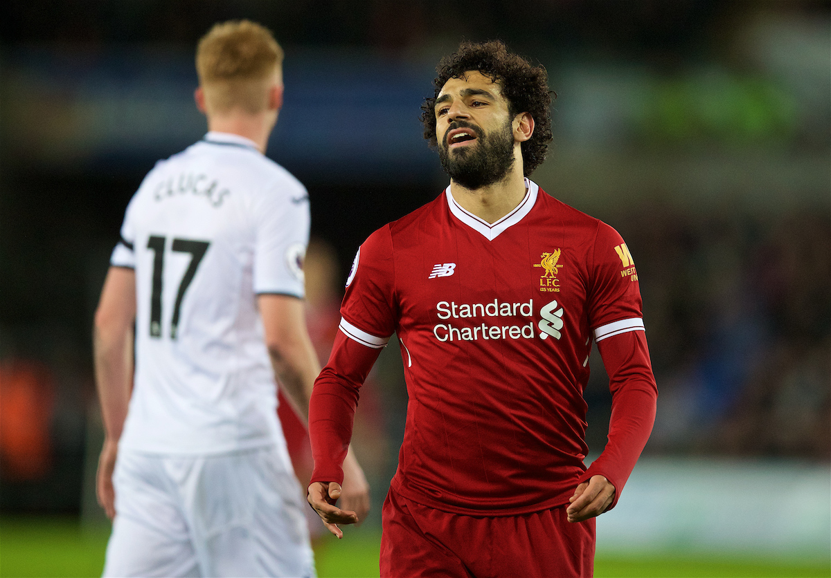 SWANSEA, WALES - Monday, January 22, 2018: Liverpool's Mohamed Salah looks dejected after missing a chance during the FA Premier League match between Swansea City FC and Liverpool FC at the Liberty Stadium. (Pic by David Rawcliffe/Propaganda)