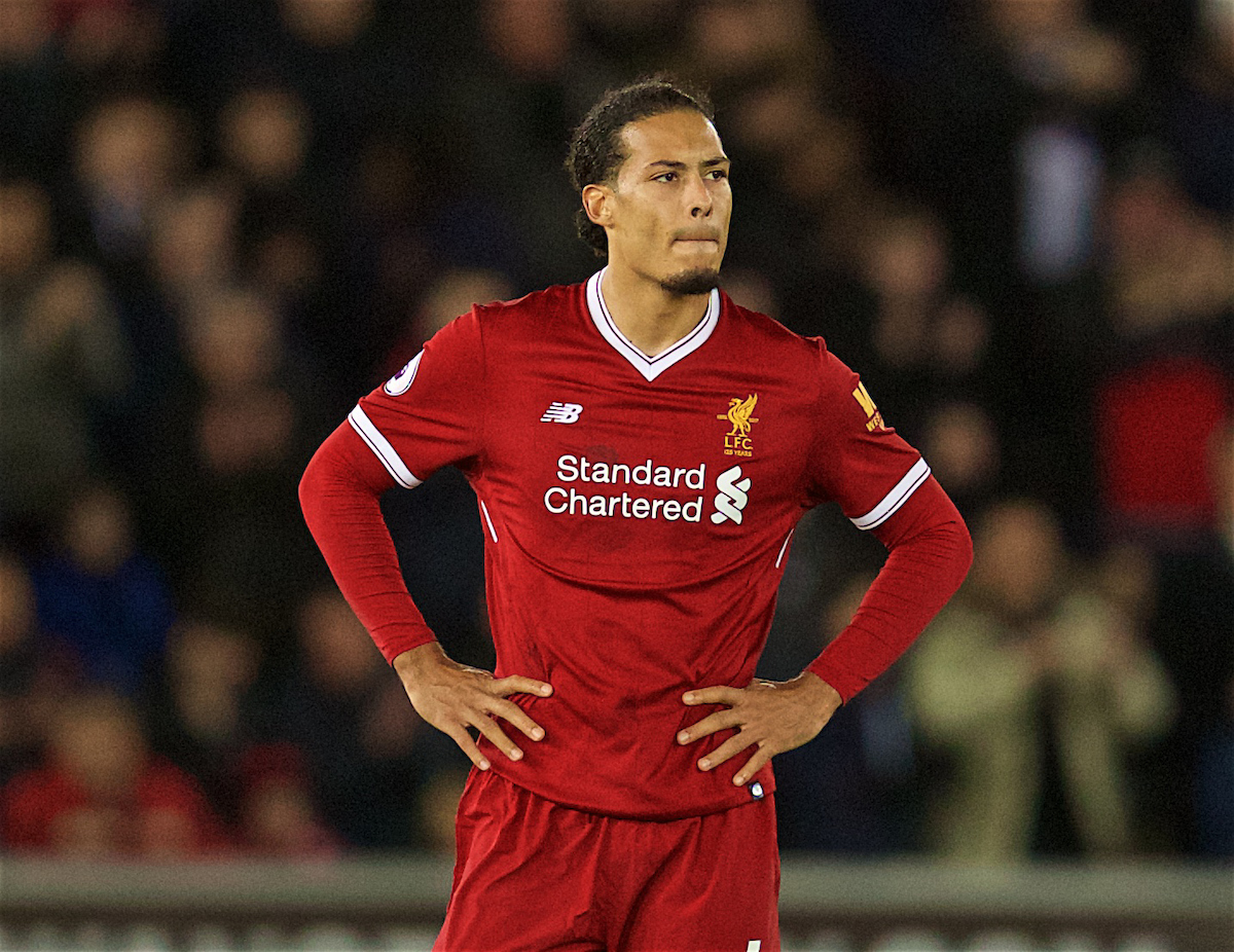 SWANSEA, WALES - Monday, January 22, 2018: Liverpool's Virgil van Dijk looks dejected during the FA Premier League match between Swansea City FC and Liverpool FC at the Liberty Stadium. (Pic by David Rawcliffe/Propaganda)