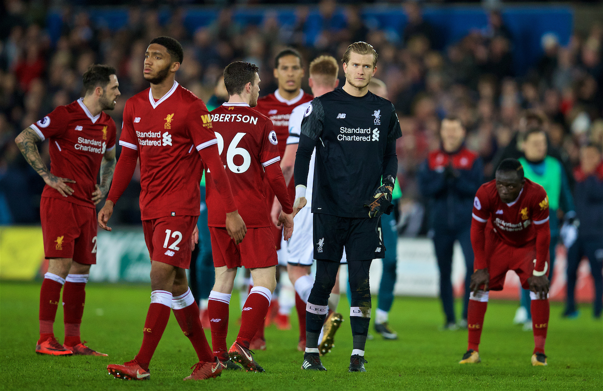 SWANSEA, WALES - Monday, January 22, 2018: Liverpool's goalkeeper Loris Karius looks dejected during the FA Premier League match between Swansea City FC and Liverpool FC at the Liberty Stadium. (Pic by David Rawcliffe/Propaganda)