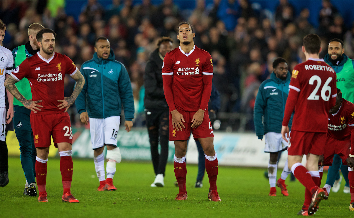 SWANSEA, WALES - Monday, January 22, 2018: Liverpool's Virgil van Dijk looks dejected during the FA Premier League match between Swansea City FC and Liverpool FC at the Liberty Stadium. (Pic by David Rawcliffe/Propaganda)