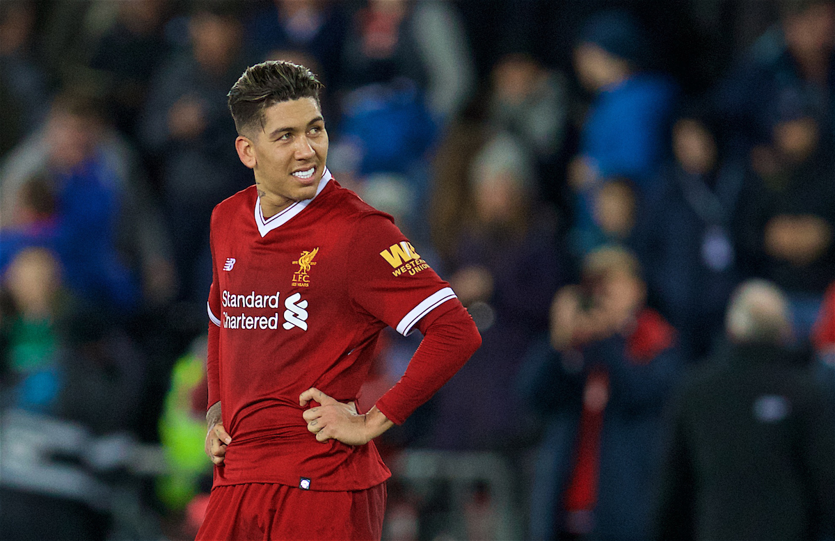 SWANSEA, WALES - Monday, January 22, 2018: Liverpool's Roberto Firmino looks dejected as his side lose 1-0 during the FA Premier League match between Swansea City FC and Liverpool FC at the Liberty Stadium. (Pic by David Rawcliffe/Propaganda)