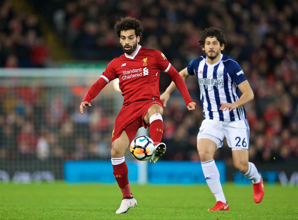 LIVERPOOL, ENGLAND - Sunday, January 14, 2018: Liverpool's Mohamed Salah during the FA Premier League match between Liverpool and Manchester City at Anfield. (Pic by David Rawcliffe/Propaganda)