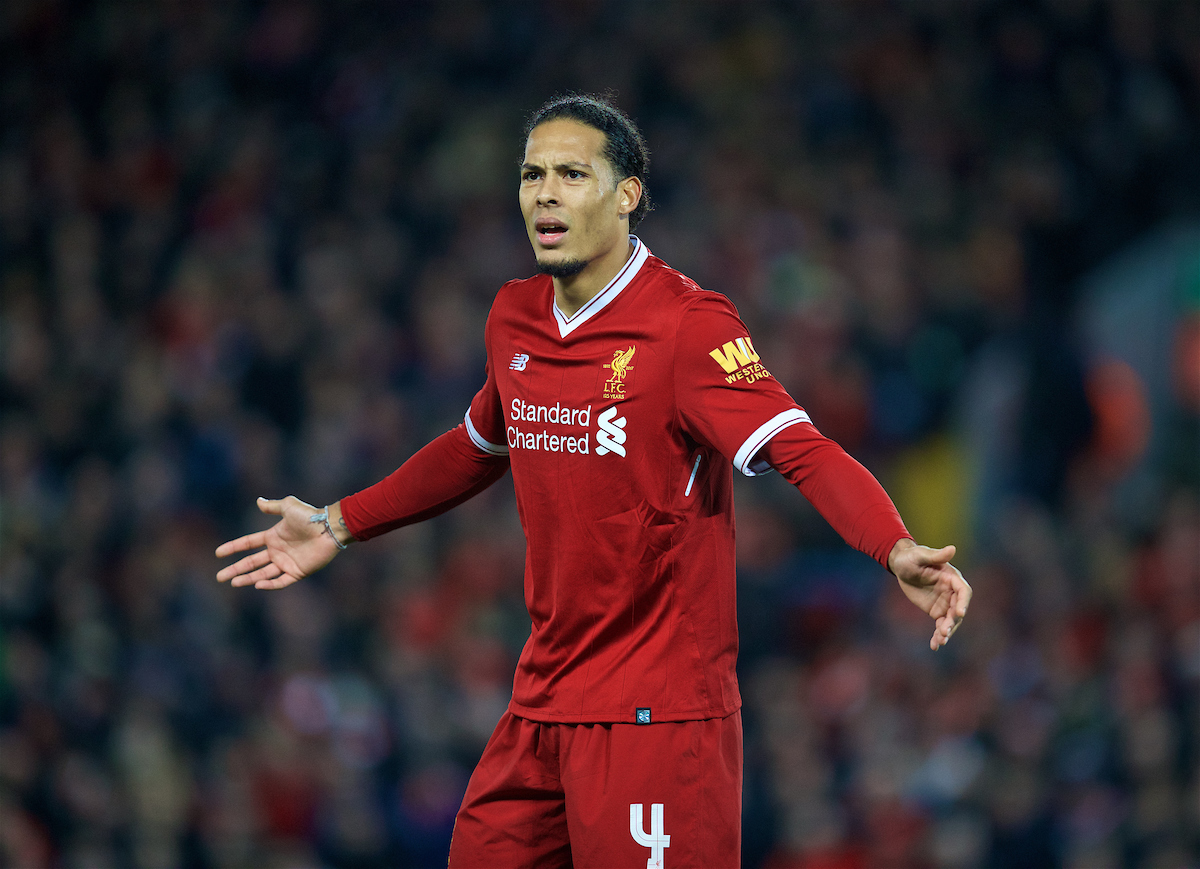 LIVERPOOL, ENGLAND - Sunday, January 14, 2018: Liverpool's Virgil van Dijk during the FA Premier League match between Liverpool and Manchester City at Anfield. (Pic by David Rawcliffe/Propaganda)