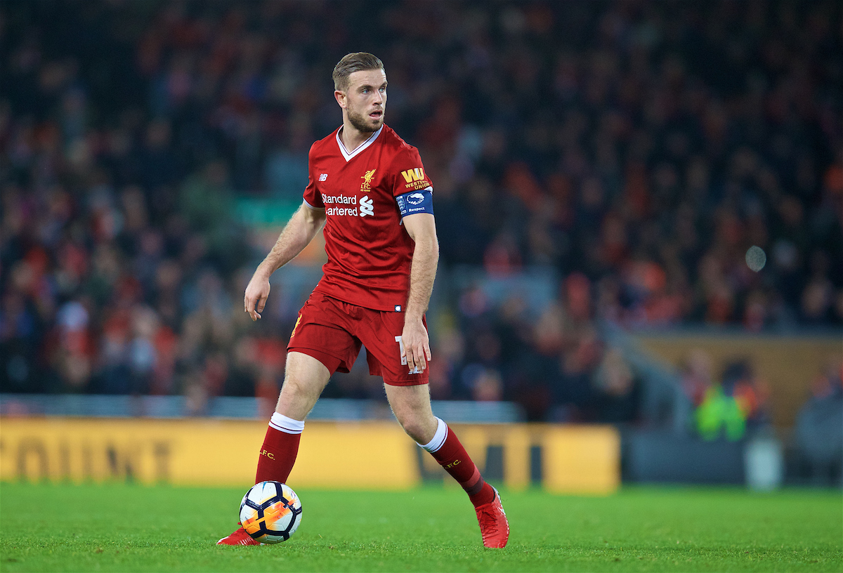 LIVERPOOL, ENGLAND - Sunday, January 14, 2018: Liverpool's captain Jordan Henderson during the FA Premier League match between Liverpool and Manchester City at Anfield. (Pic by David Rawcliffe/Propaganda)