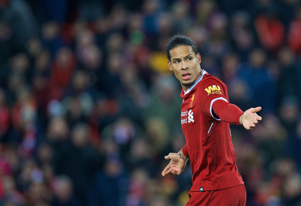 LIVERPOOL, ENGLAND - Sunday, January 14, 2018: Liverpool's Virgil van Dijk looks dejected after missing a chance during the FA Premier League match between Liverpool and Manchester City at Anfield. (Pic by David Rawcliffe/Propaganda)