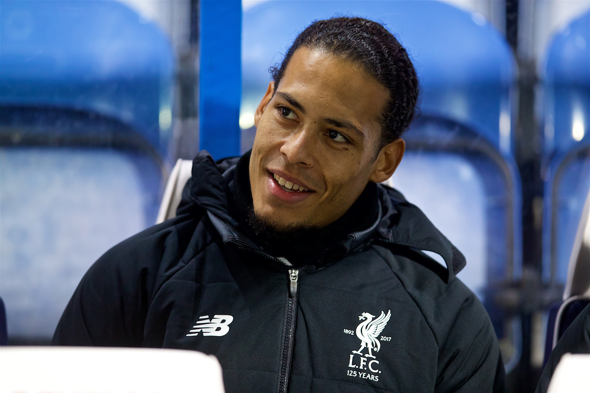 HUDDERSFIELD, ENGLAND - Tuesday, January 30, 2018: Liverpool's substitute Virgil van Dijk on the bench before the FA Premier League match between Huddersfield Town FC and Liverpool FC at the John Smith's Stadium. (Pic by David Rawcliffe/Propaganda)