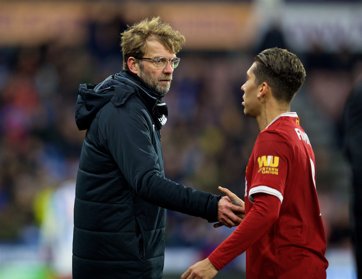 HUDDERSFIELD, ENGLAND - Tuesday, January 30, 2018: Liverpool's manager Jürgen Klopp and Roberto Firmino during the FA Premier League match between Huddersfield Town FC and Liverpool FC at the John Smith's Stadium. (Pic by David Rawcliffe/Propaganda)