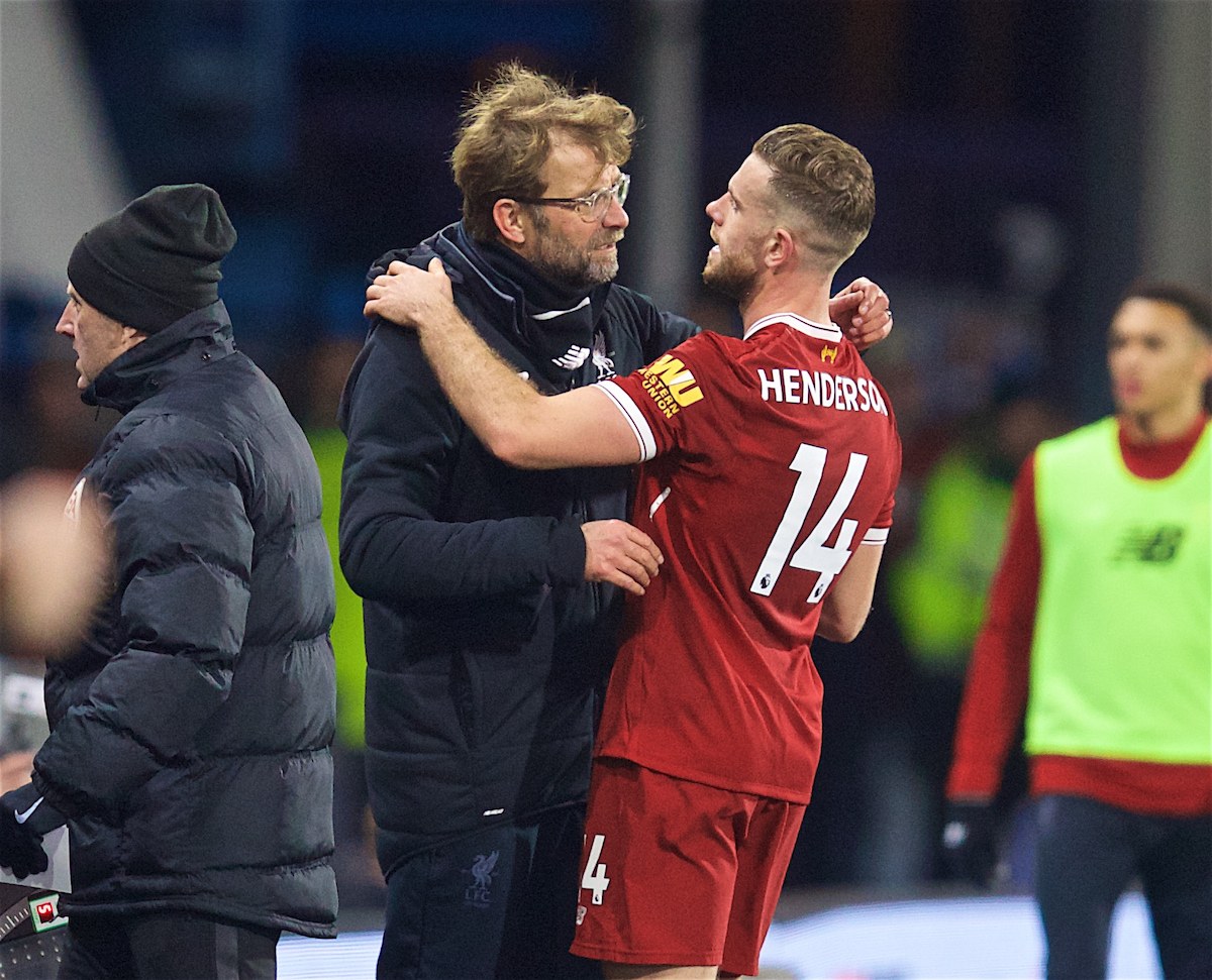 HUDDERSFIELD, ENGLAND - Tuesday, January 30, 2018: Liverpool's manager Jürgen Klopp embraces captain Jordan Henderson as he is substituted during the FA Premier League match between Huddersfield Town FC and Liverpool FC at the John Smith's Stadium. (Pic by David Rawcliffe/Propaganda)