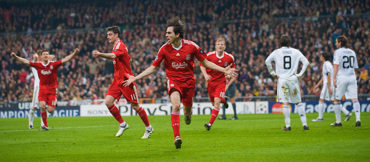 MADRID, SPAIN - Wednesday, February 25, 2009: Liverpool's Yossi Benayoun celebrates scoring against Real Madrid during the UEFA Champions League First Knock-Out Round at the Santiago Bernabeu. (Photo by David Rawcliffe/Propaganda)