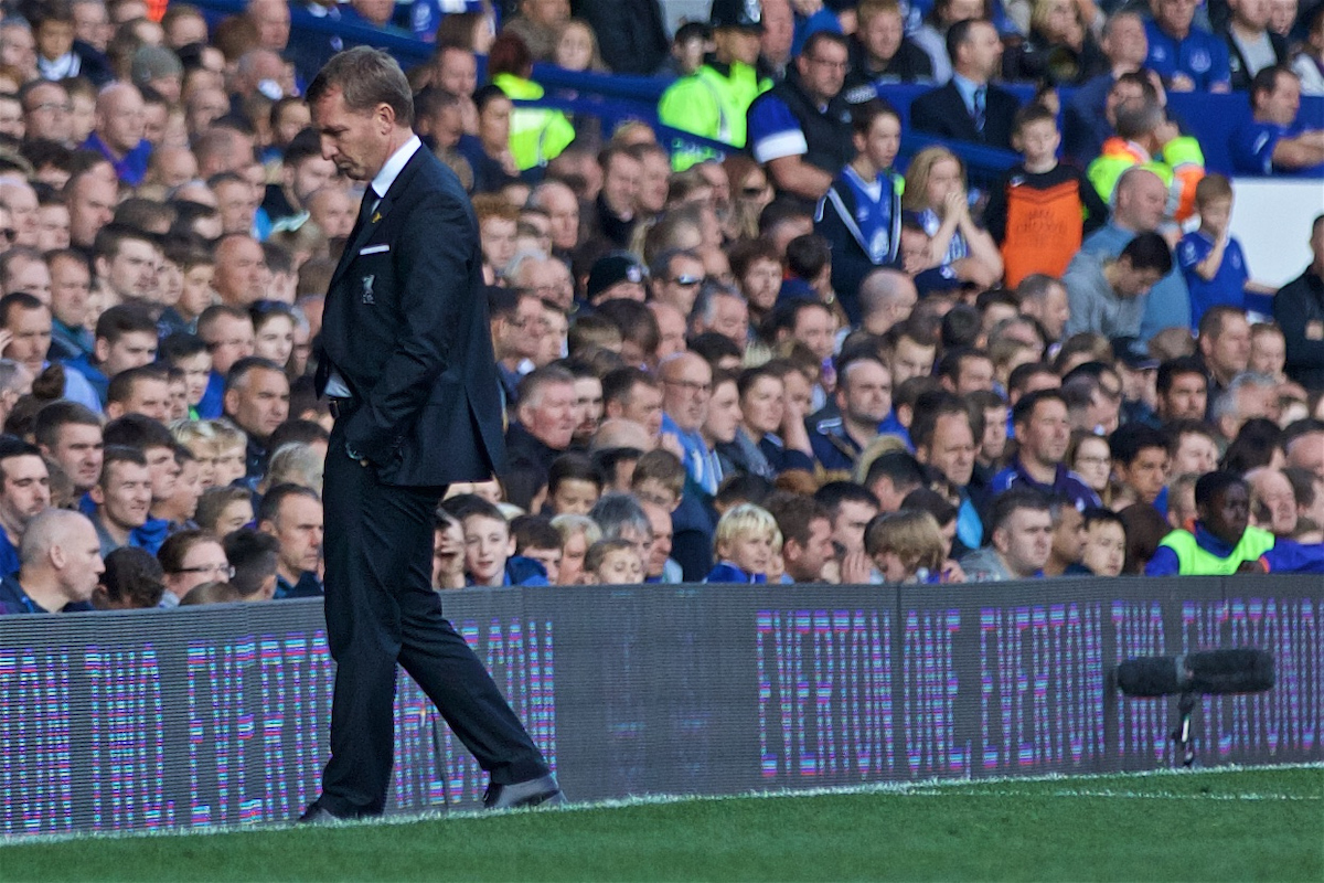 LIVERPOOL, ENGLAND - Sunday, October 4, 2015: Liverpool's manager Brendan Rodgers walks dejectedly off the touchline during his last hame as Liverpool manager during the Premier League match against Everton at Goodison Park, the 225th Merseyside Derby. (Pic by Lexie Lin/Propaganda)