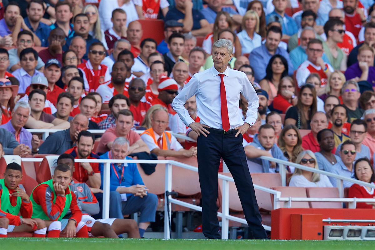 LONDON, ENGLAND - Sunday, August 14, 2016: Arsenal's manager Arsene Wenger during the FA Premier League match against Liverpool at the Emirates Stadium. (Pic by David Rawcliffe/Propaganda)