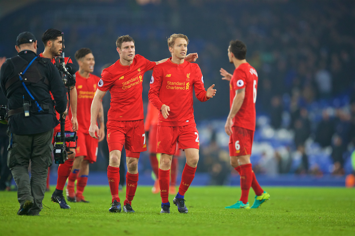 LIVERPOOL, ENGLAND - Monday, December 19, 2016: Liverpool's James Milner and Lucas Leiva celebrate after the 1-0 victory over Everton during the FA Premier League match, the 227th Merseyside Derby, at Goodison Park. (Pic by David Rawcliffe/Propaganda)