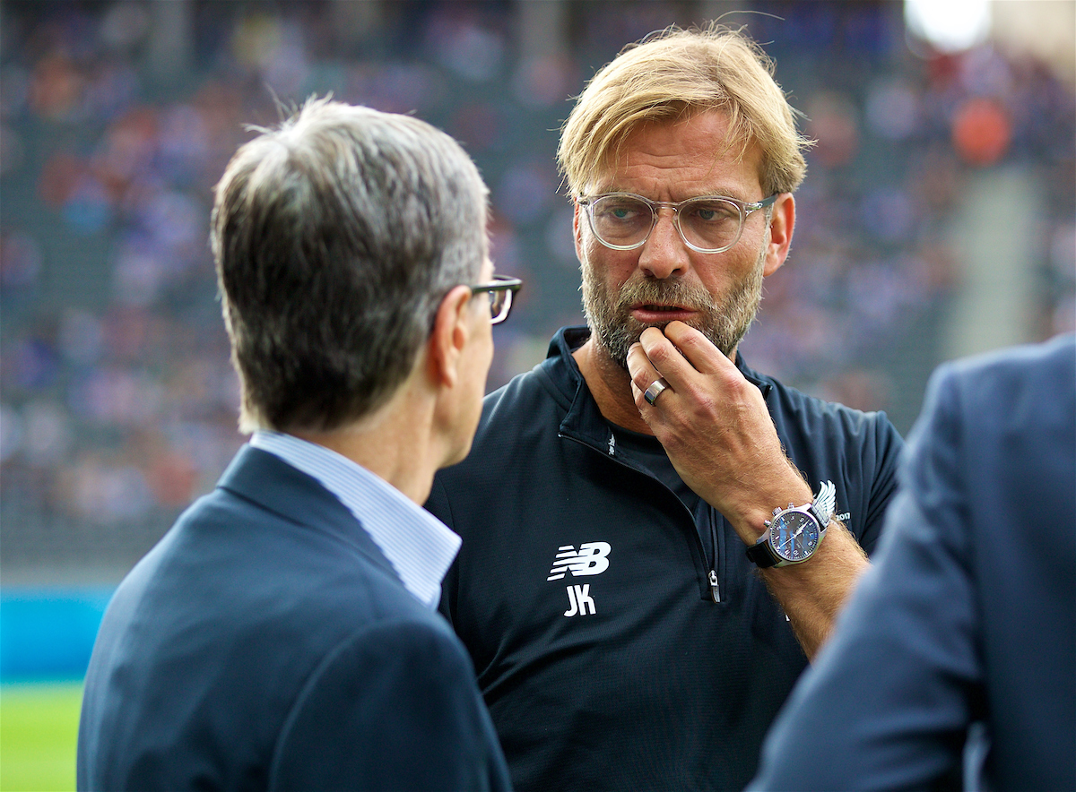 BERLIN, GERMANY - Saturday, July 29, 2017: Liverpool's manager Jürgen Klopp chats with club owner John W. Henry before a preseason friendly match celebrating 125 years of football for Liverpool and Hertha BSC Berlin at the Olympic Stadium. (Pic by David Rawcliffe/Propaganda)