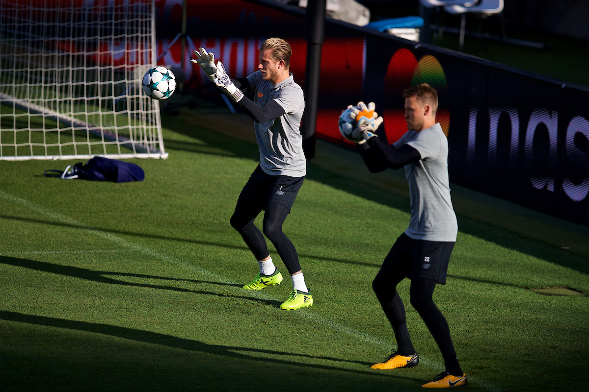 SINSHEIM, GERMANY - Monday, August 14, 2017: Liverpool's goalkeeper Loris Karius and goalkeeper Simon Mignolet during a training session ahead of the UEFA Champions League Play-Off 1st Leg match against TSG 1899 Hoffenheim at the Rhein-Neckar-Arena. (Pic by David Rawcliffe/Propaganda)