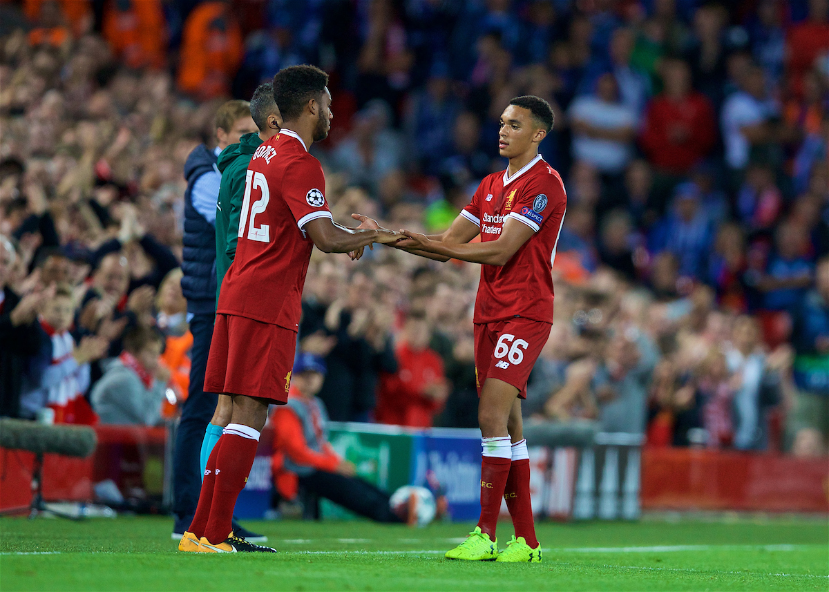 LIVERPOOL, ENGLAND - Wednesday, August 23, 2017: Liverpool's Trent Alexander-Arnold is replaced by substitute Joe Gomez during the UEFA Champions League Play-Off 2nd Leg match between Liverpool and TSG 1899 Hoffenheim at Anfield. (Pic by David Rawcliffe/Propaganda)