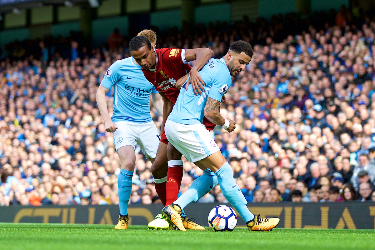 MANCHESTER, ENGLAND - Saturday, September 9, 2017: Liverpool's Joel Matip and Manchester City's Kyle Walker during the FA Premier League match between Manchester City and Liverpool at the City of Manchester Stadium. (Pic by David Rawcliffe/Propaganda)