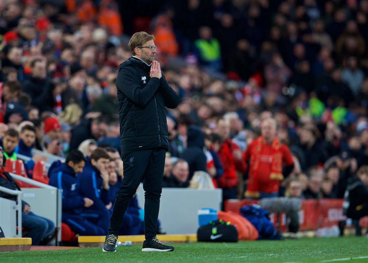 LIVERPOOL, ENGLAND - Sunday, February 4, 2018: Liverpool's manager Jürgen Klopp reacts during the FA Premier League match between Liverpool FC and Tottenham Hotspur FC at Anfield. (Pic by David Rawcliffe/Propaganda)