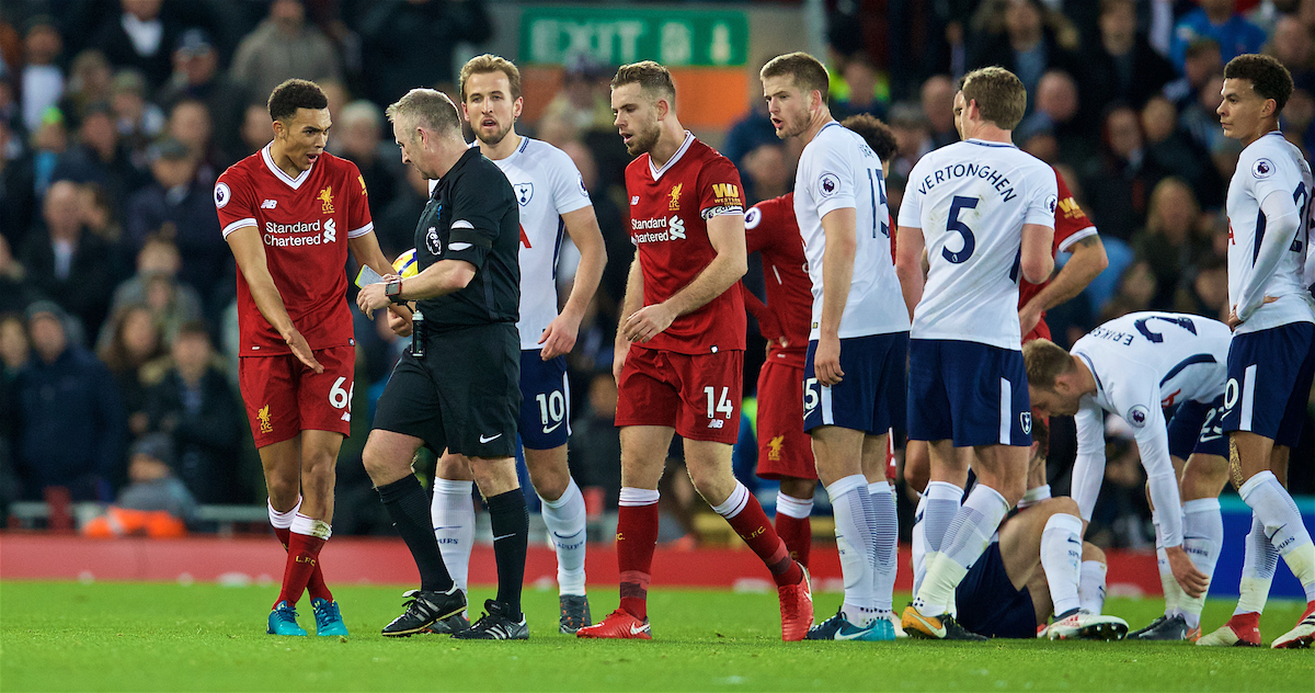 LIVERPOOL, ENGLAND - Sunday, February 4, 2018: Liverpool's Trent Alexander-Arnold is shown a yellow card by referee Jonathan Moss during the FA Premier League match between Liverpool FC and Tottenham Hotspur FC at Anfield. (Pic by David Rawcliffe/Propaganda)