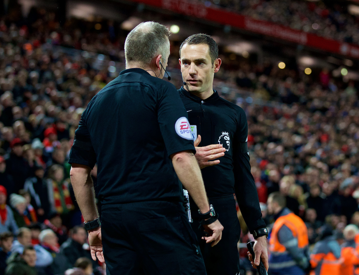 LIVERPOOL, ENGLAND - Sunday, February 4, 2018: Assistant referee Eddie Smart speaks to referee Jonathan Moss as he argues for a penalty for Tottenham Hotspur during the FA Premier League match between Liverpool FC and Tottenham Hotspur FC at Anfield. (Pic by David Rawcliffe/Propaganda)