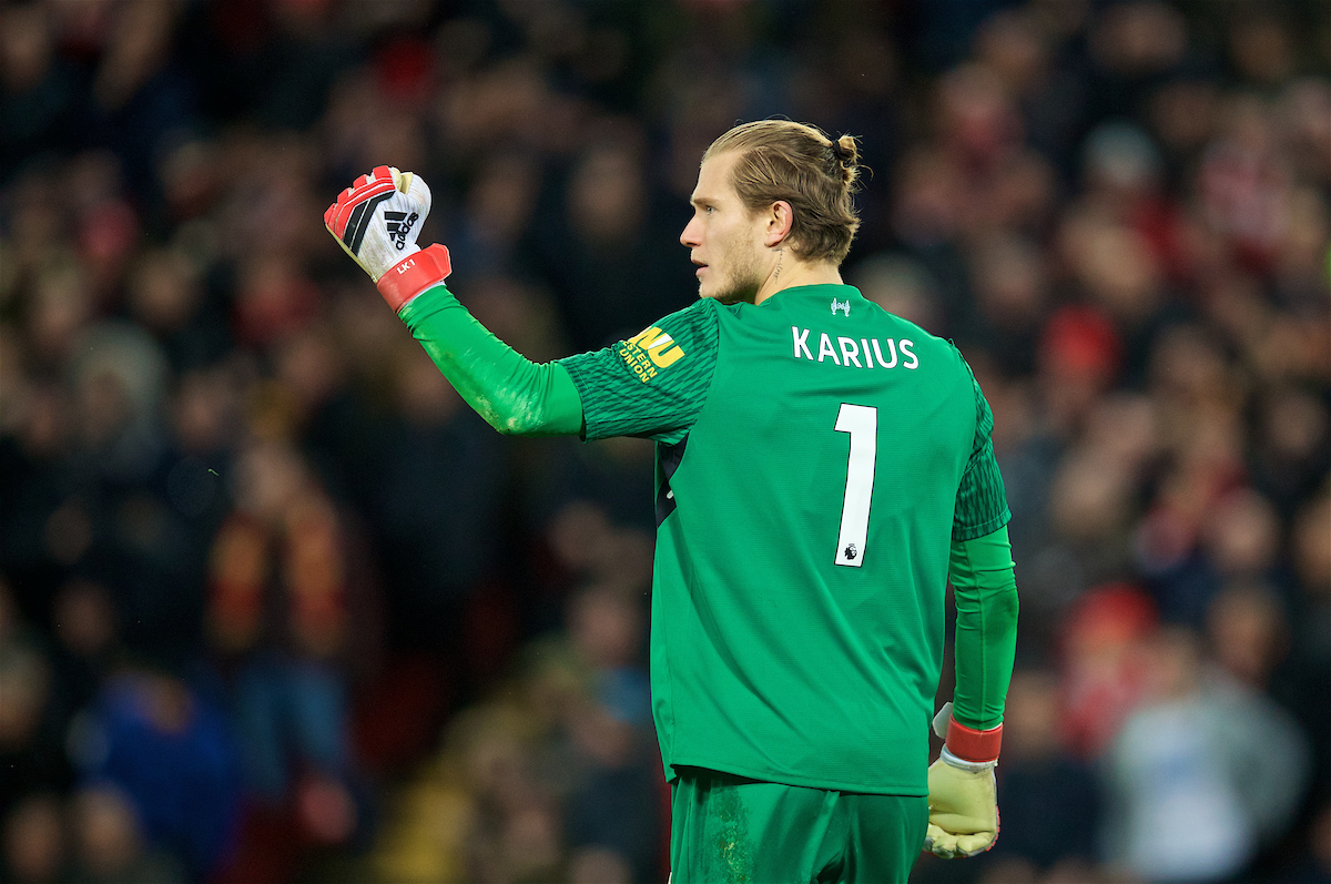 LIVERPOOL, ENGLAND - Sunday, February 4, 2018: Liverpool's goalkeeper Loris Karius celebrates after saving a penalty from Tottenham Hotspur during the FA Premier League match between Liverpool FC and Tottenham Hotspur FC at Anfield. (Pic by David Rawcliffe/Propaganda)