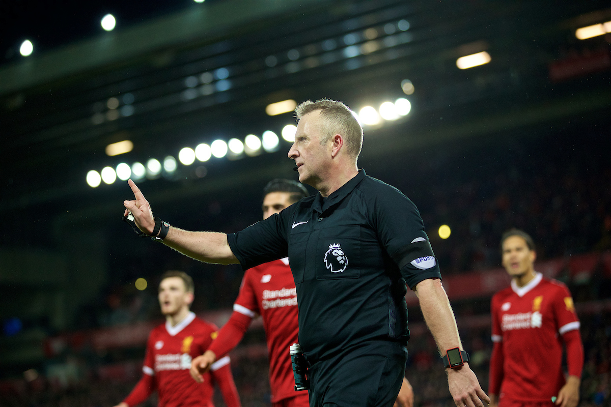 LIVERPOOL, ENGLAND - Sunday, February 4, 2018: Referee Jonathan Moss awards a second penalty to Tottenham Hotspur, in injury time, after an intervention from the assistant referee during the FA Premier League match between Liverpool FC and Tottenham Hotspur FC at Anfield. (Pic by David Rawcliffe/Propaganda)