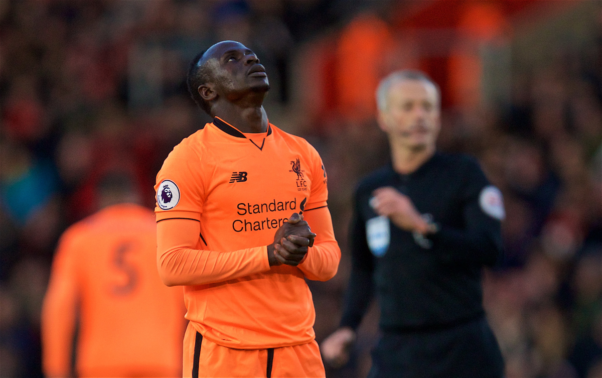 SOUTHAMPTON, ENGLAND - Sunday, February 11, 2018: Liverpool's Sadio Mane looks dejected after missing a chance during the FA Premier League match between Southampton FC and Liverpool FC at St. Mary's Stadium. (Pic by David Rawcliffe/Propaganda)