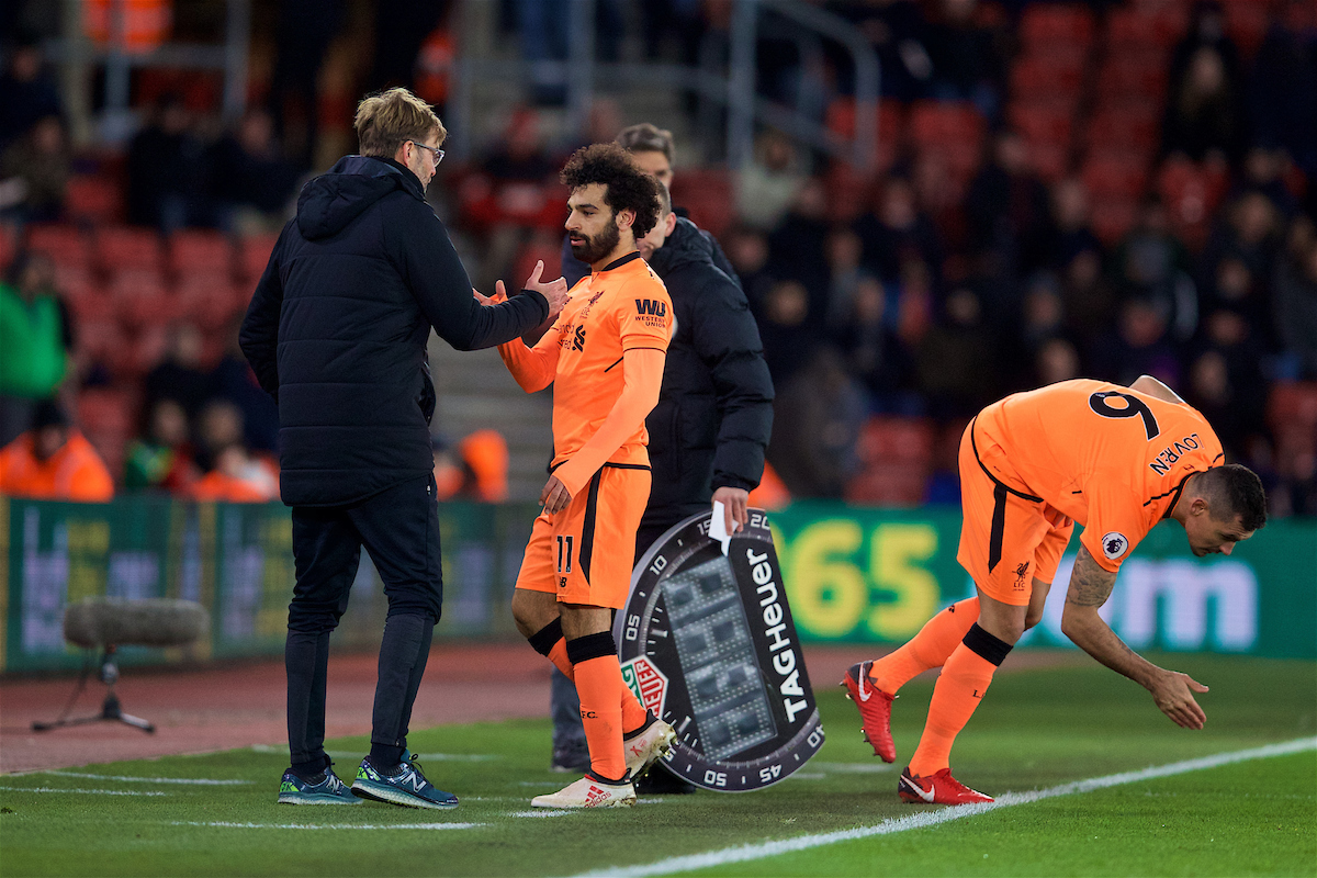 SOUTHAMPTON, ENGLAND - Sunday, February 11, 2018: Liverpool's Mohamed Salah and manager Jürgen Klopp during the FA Premier League match between Southampton FC and Liverpool FC at St. Mary's Stadium. (Pic by David Rawcliffe/Propaganda)