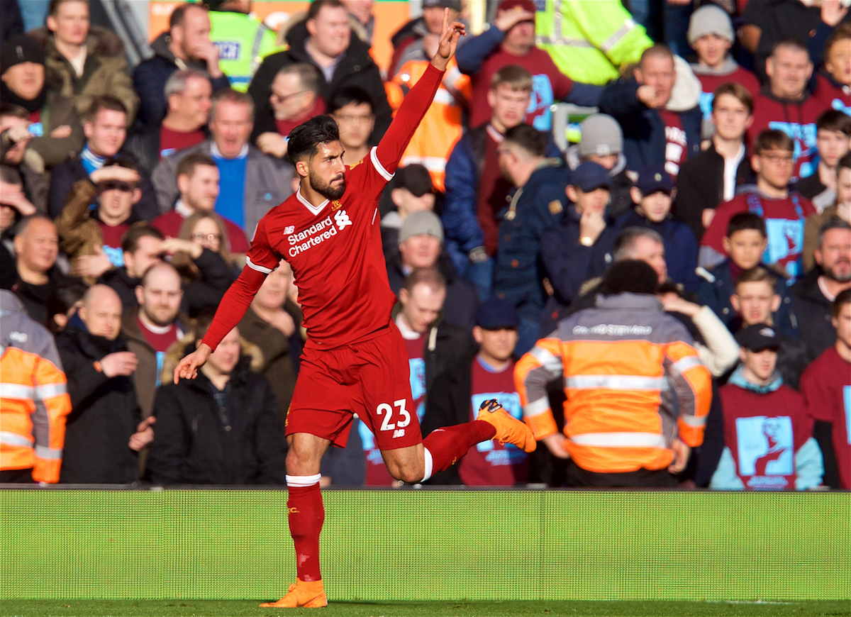 LIVERPOOL, ENGLAND - Saturday, February 24, 2018: Liverpool's Emre Can celebrates scoring the first goal during the FA Premier League match between Liverpool FC and West Ham United FC at Anfield. (Pic by David Rawcliffe/Propaganda)