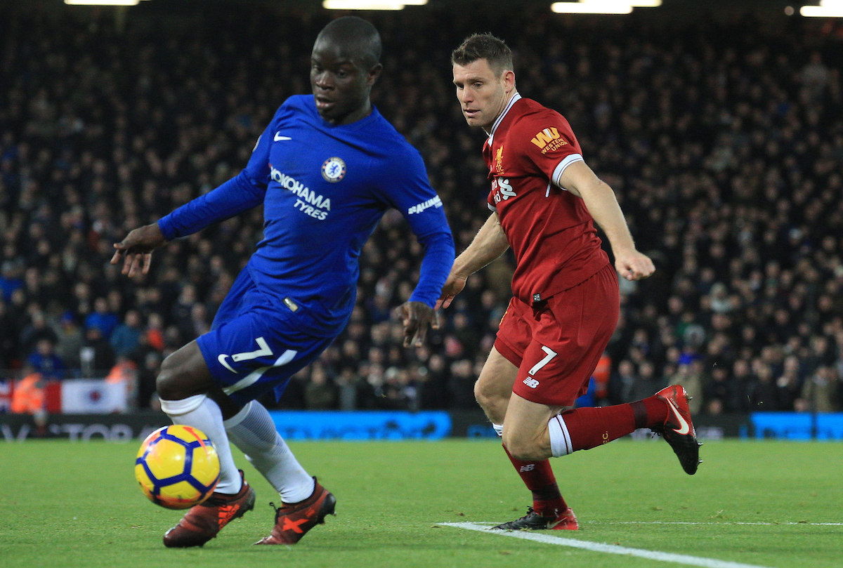 LIVERPOOL, ENGLAND - Saturday, November 25, 2017: Liverpools James Milner (R) challenges Chelseas Ngolo Kanté during the FA Premier League match between Liverpool and Chelsea at Anfield. (Pic by Lindsey Parnaby/Propaganda)