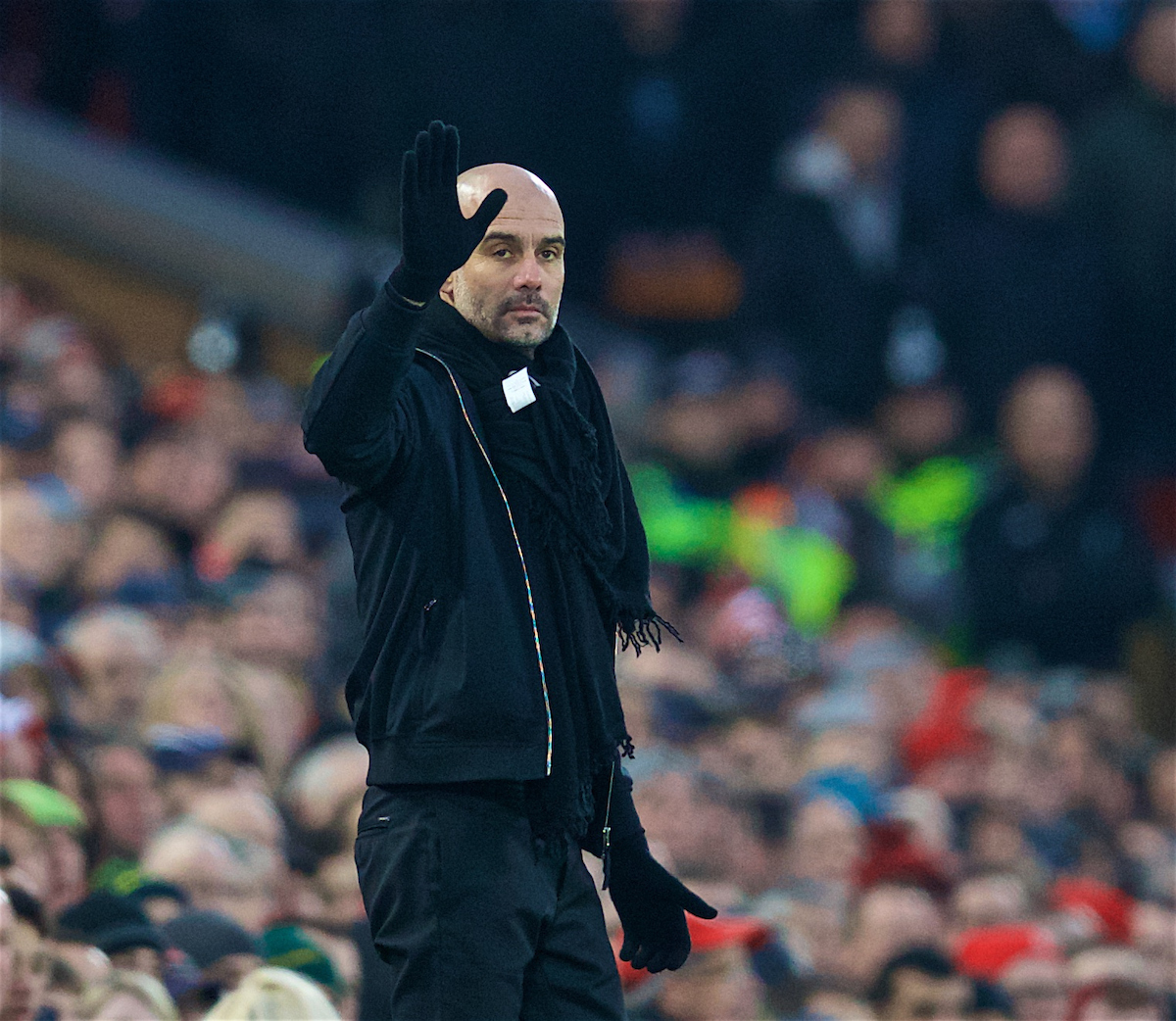 LIVERPOOL, ENGLAND - Sunday, January 14, 2018: Manchester City's manager Pep Guardiola during the FA Premier League match between Liverpool and Manchester City at Anfield. (Pic by David Rawcliffe/Propaganda)