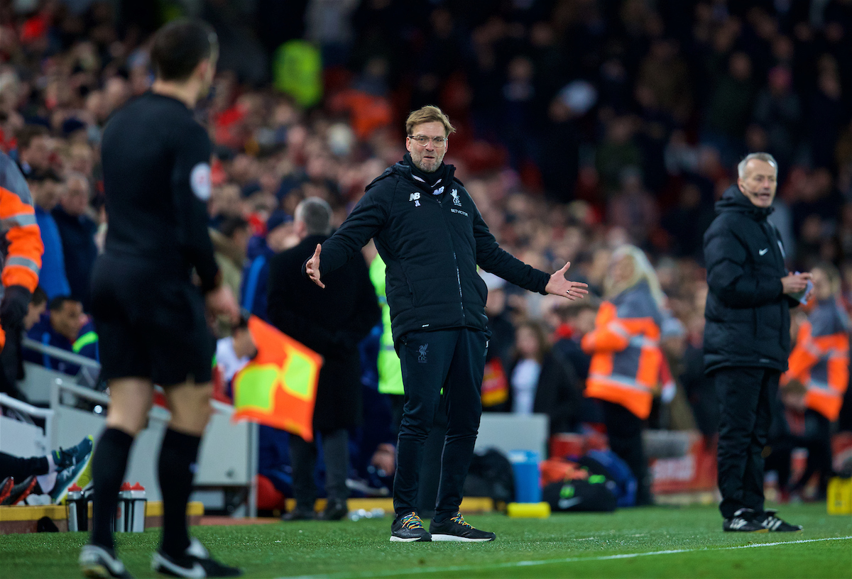 LIVERPOOL, ENGLAND - Sunday, February 4, 2018: Liverpool's manager Jürgen Klopp reacts after Tottenham Hotspur score an injury time second penalty to draw 2-2 during the FA Premier League match between Liverpool FC and Tottenham Hotspur FC at Anfield. (Pic by David Rawcliffe/Propaganda)