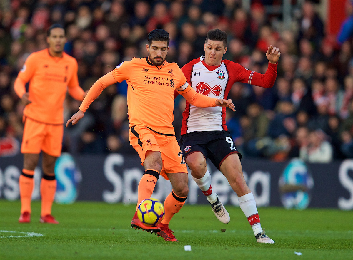 SOUTHAMPTON, ENGLAND - Sunday, February 11, 2018: Liverpool's Emre Can and Southampton's Guido Carrillo during the FA Premier League match between Southampton FC and Liverpool FC at St. Mary's Stadium. (Pic by David Rawcliffe/Propaganda)