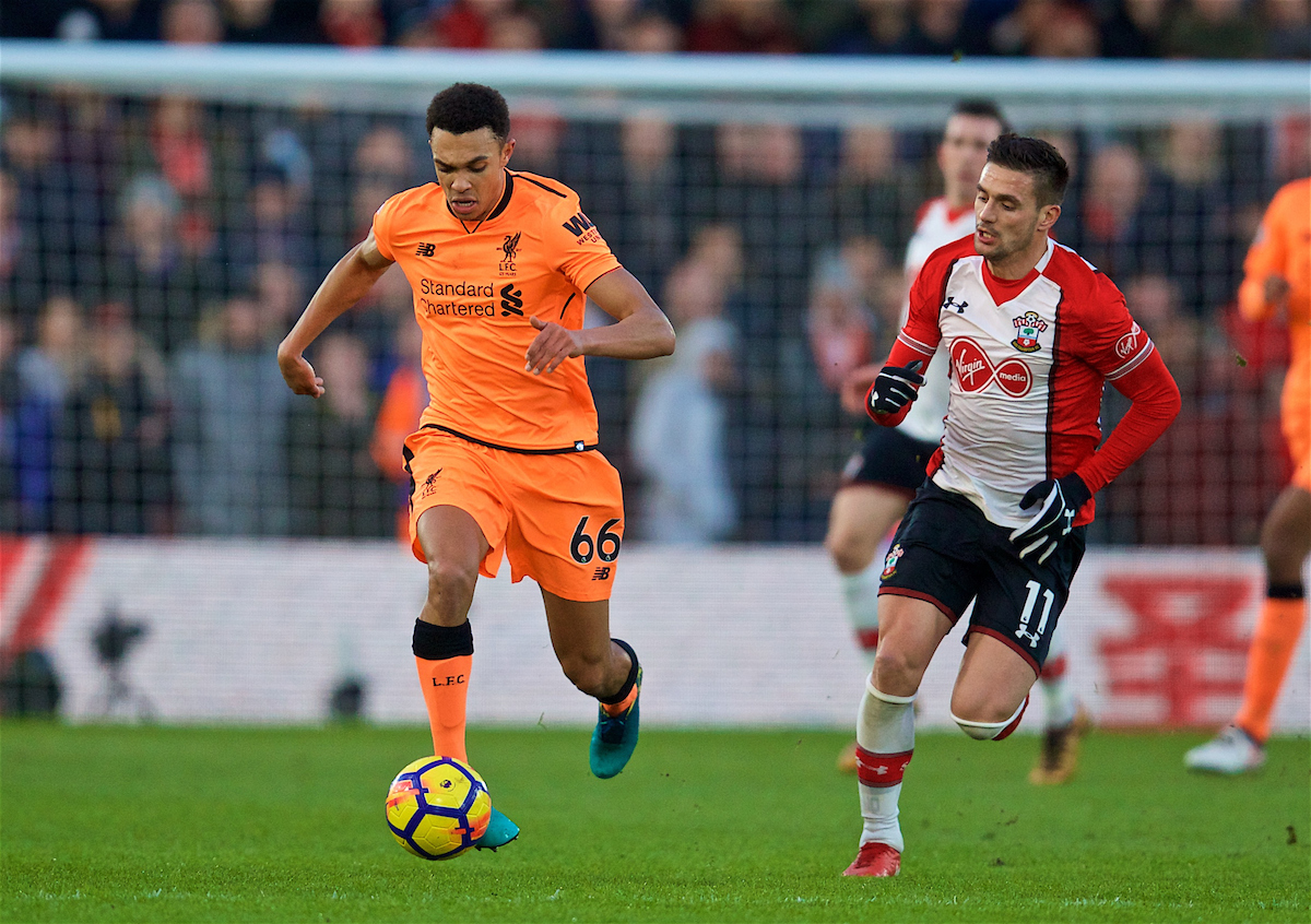 SOUTHAMPTON, ENGLAND - Sunday, February 11, 2018: Liverpool's Trent Alexander-Arnold during the FA Premier League match between Southampton FC and Liverpool FC at St. Mary's Stadium. (Pic by David Rawcliffe/Propaganda)