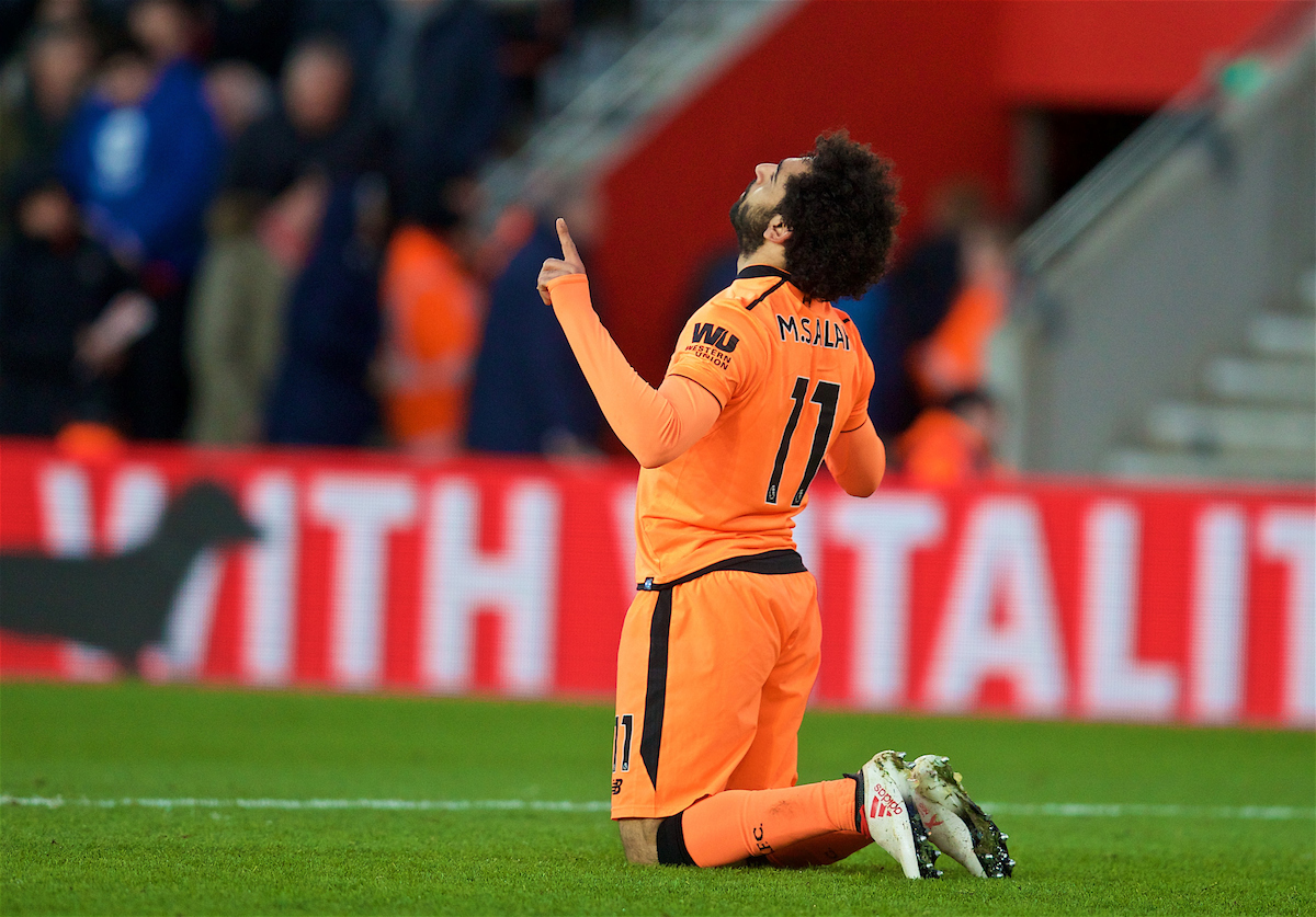 SOUTHAMPTON, ENGLAND - Sunday, February 11, 2018: Liverpool's Mohamed Salah celebrates scoring the second goal during the FA Premier League match between Southampton FC and Liverpool FC at St. Mary's Stadium. (Pic by David Rawcliffe/Propaganda)