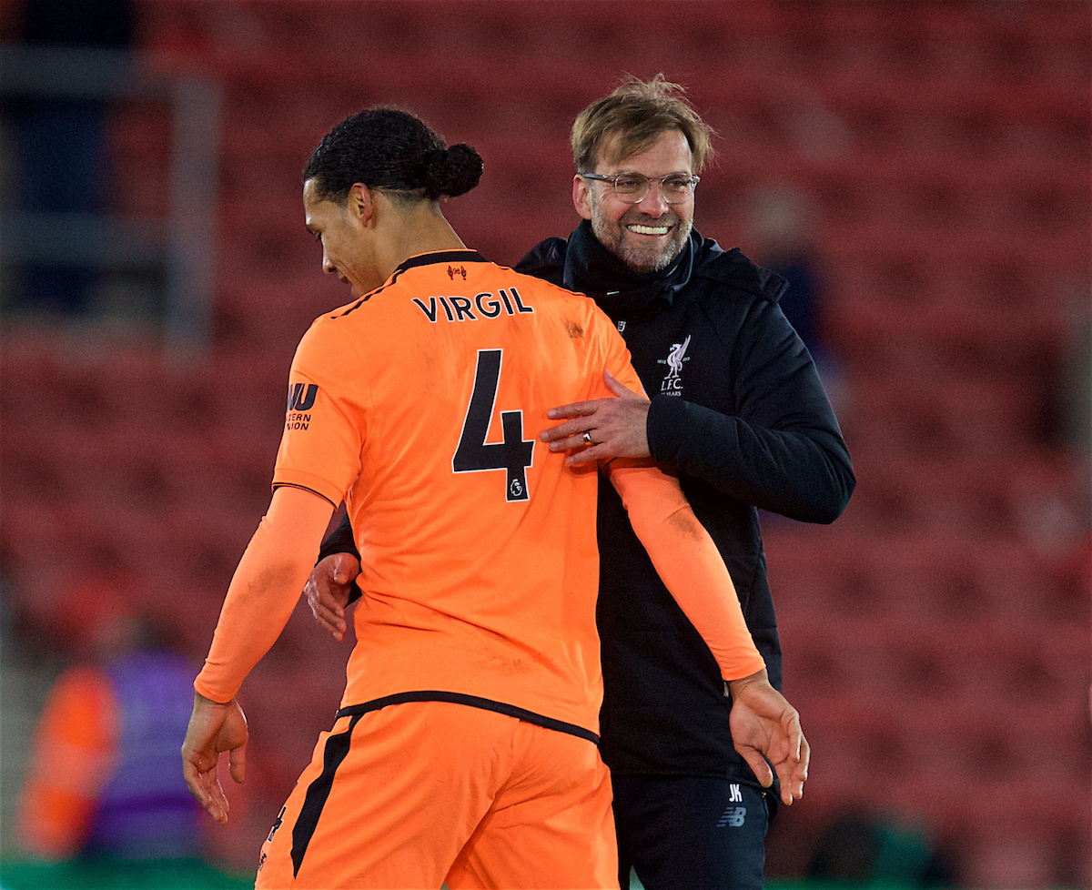 SOUTHAMPTON, ENGLAND - Sunday, February 11, 2018: Liverpool's manager Jürgen Klopp and Virgil van Dijk after the FA Premier League match between Southampton FC and Liverpool FC at St. Mary's Stadium. (Pic by David Rawcliffe/Propaganda)