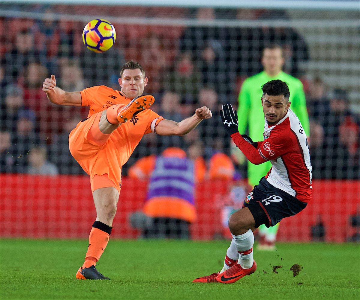 SOUTHAMPTON, ENGLAND - Sunday, February 11, 2018: Liverpool's James Milner during the FA Premier League match between Southampton FC and Liverpool FC at St. Mary's Stadium. (Pic by David Rawcliffe/Propaganda)