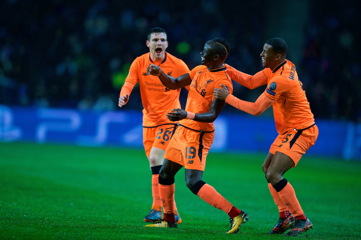 PORTO, PORTUGAL - Wednesday, February 14, 2018: Liverpool's Sadio Mane celebrates scoring the first goal with team-mates Andy Robertson and Georginio Wijnaldum during the UEFA Champions League Round of 16 1st leg match between FC Porto and Liverpool FC on Valentine's Day at the Estádio do Dragão. (Pic by David Rawcliffe/Propaganda)