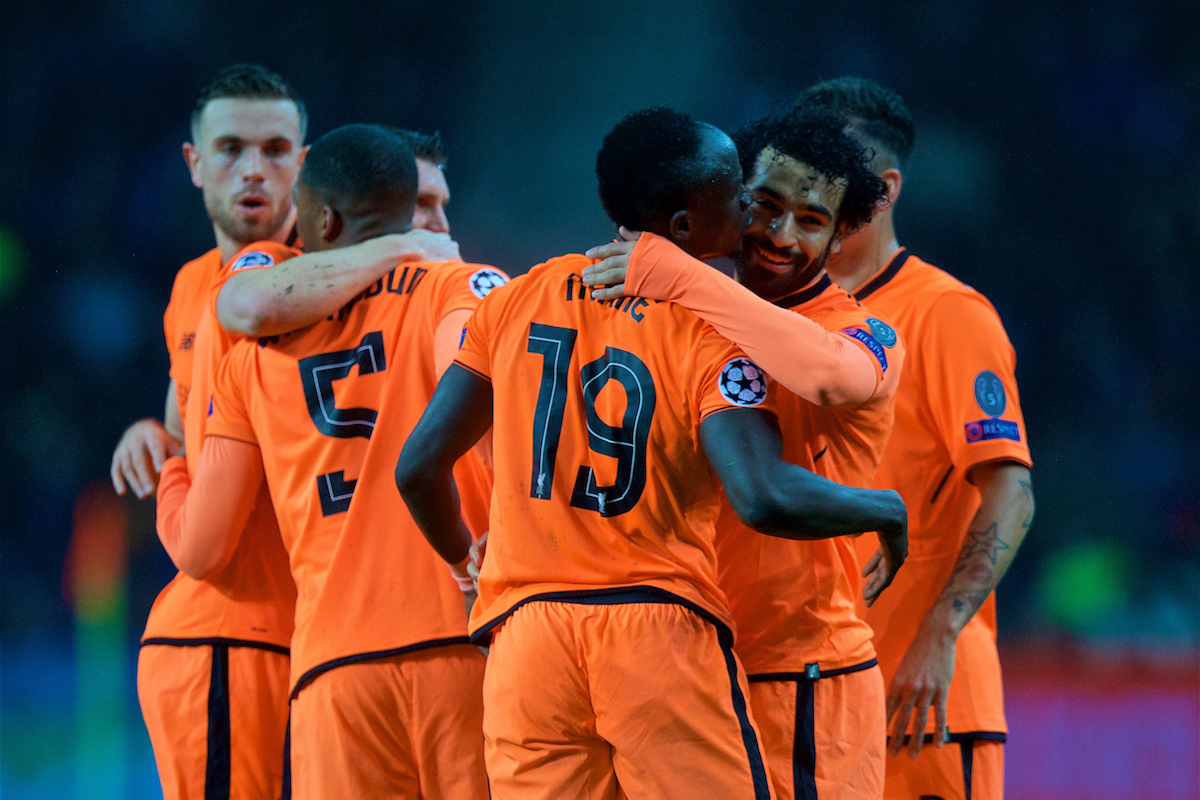 PORTO, PORTUGAL - Wednesday, February 14, 2018: Liverpool's Mohamed Salah celebrates scoring the second goal with team-mates during the UEFA Champions League Round of 16 1st leg match between FC Porto and Liverpool FC on Valentine's Day at the Est·dio do Drag„o. (Pic by David Rawcliffe/Propaganda)