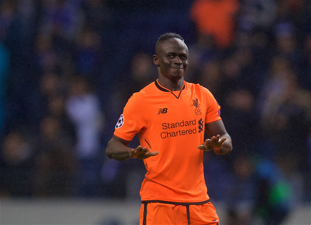 PORTO, PORTUGAL - Wednesday, February 14, 2018: Liverpool's hat-trick hero Sadio Mane celebrates after the 5-0 victory over FC Porto during the UEFA Champions League Round of 16 1st leg match between FC Porto and Liverpool FC on Valentine's Day at the Estádio do Dragão. (Pic by David Rawcliffe/Propaganda)