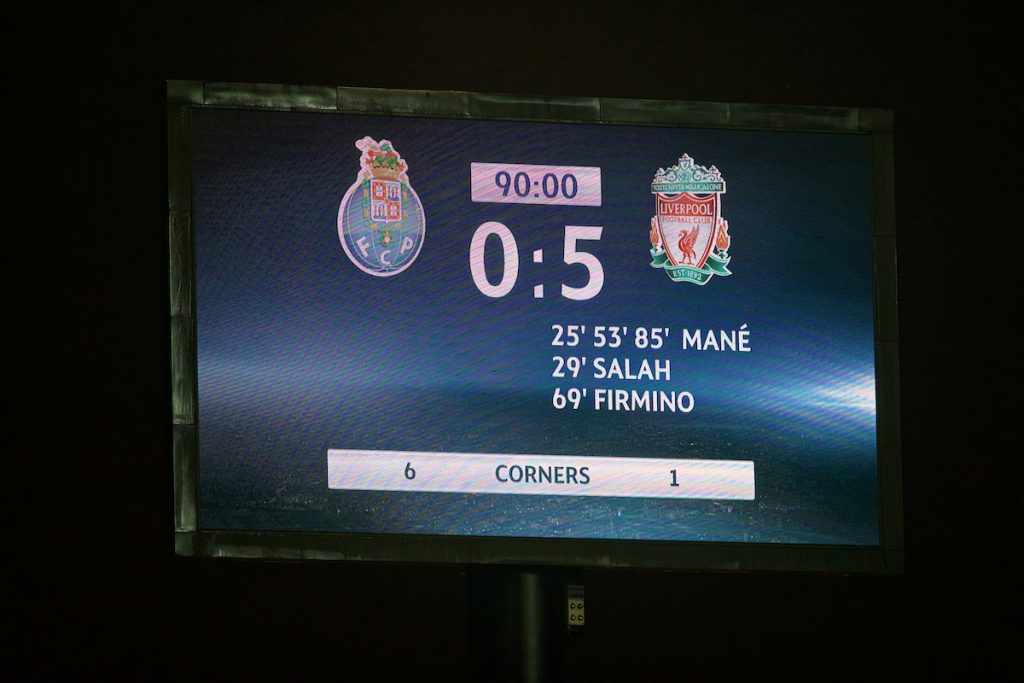 PORTO, PORTUGAL - Wednesday, February 14, 2018: The scoreboard records Liverpool's 5-0 victory over FC Porto during the UEFA Champions League Round of 16 1st leg match between FC Porto and Liverpool FC on Valentine's Day at the Estádio do Dragão. (Pic by David Rawcliffe/Propaganda)