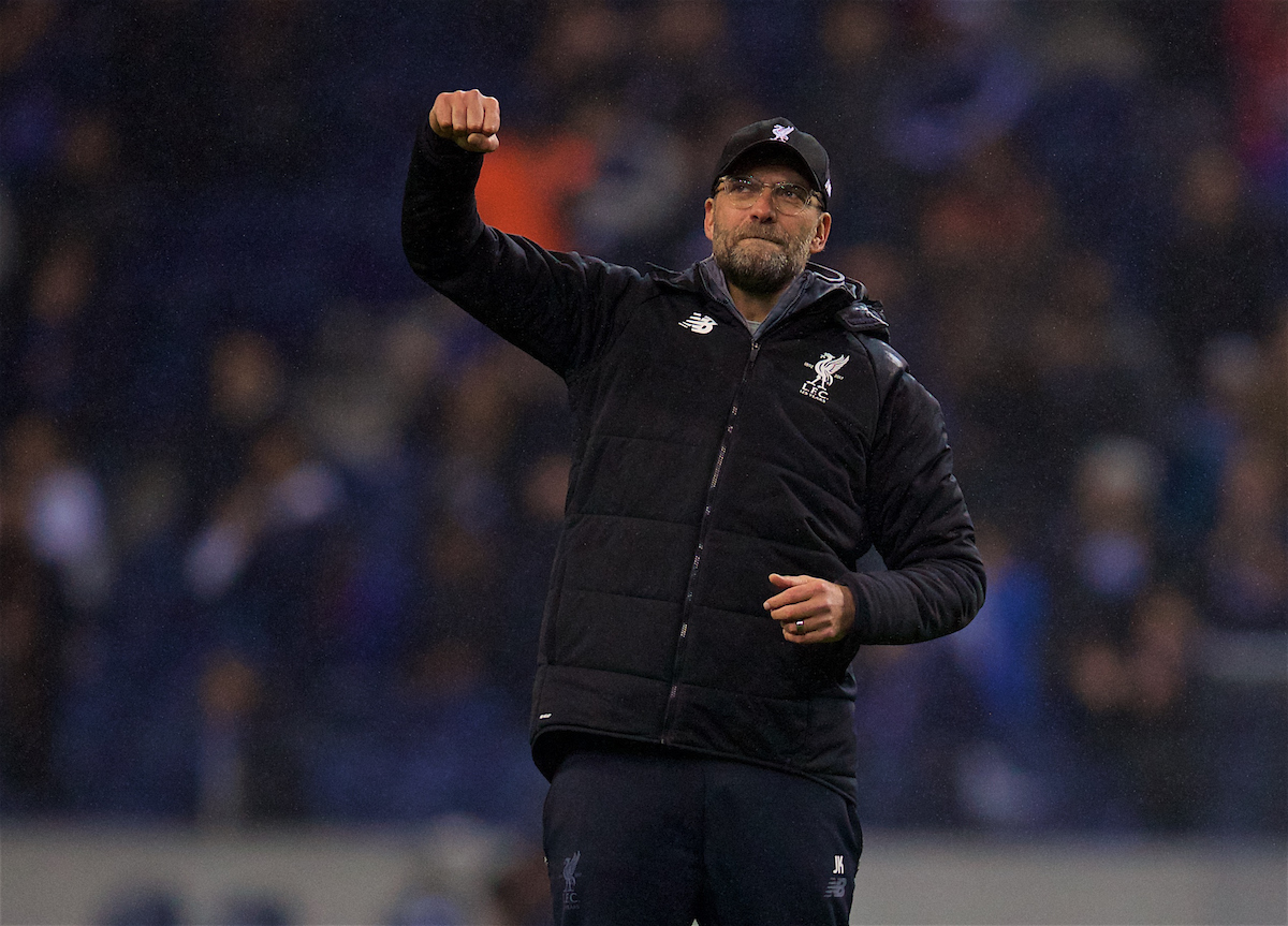 PORTO, PORTUGAL - Wednesday, February 14, 2018: Liverpool's manager Jürgen Klopp celebrates after the 5-0 victory over FC Porto during the UEFA Champions League Round of 16 1st leg match between FC Porto and Liverpool FC on Valentine's Day at the Estádio do Dragão. (Pic by David Rawcliffe/Propaganda)