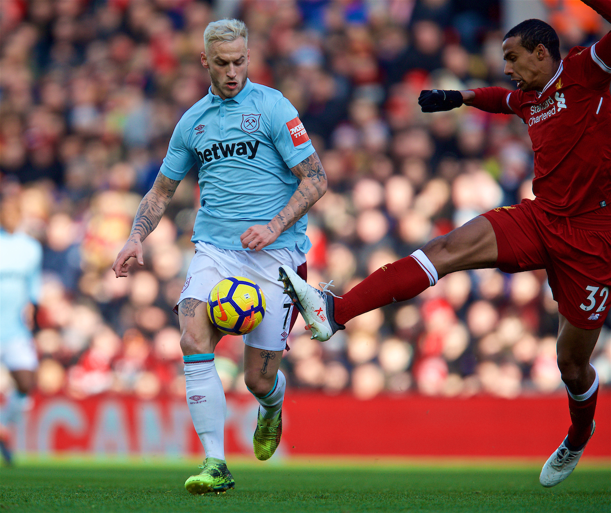 LIVERPOOL, ENGLAND - Saturday, February 24, 2018: West Ham United's Marko Arnautovic and Liverpool's Joel Matip during the FA Premier League match between Liverpool FC and West Ham United FC at Anfield. (Pic by David Rawcliffe/Propaganda)