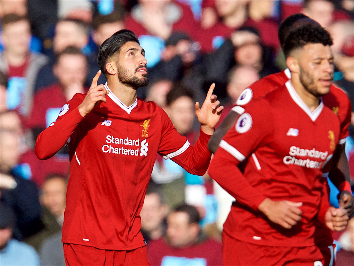 LIVERPOOL, ENGLAND - Saturday, February 24, 2018: Liverpool's Emre Can celebrates scoring the first goal during the FA Premier League match between Liverpool FC and West Ham United FC at Anfield. (Pic by David Rawcliffe/Propaganda)