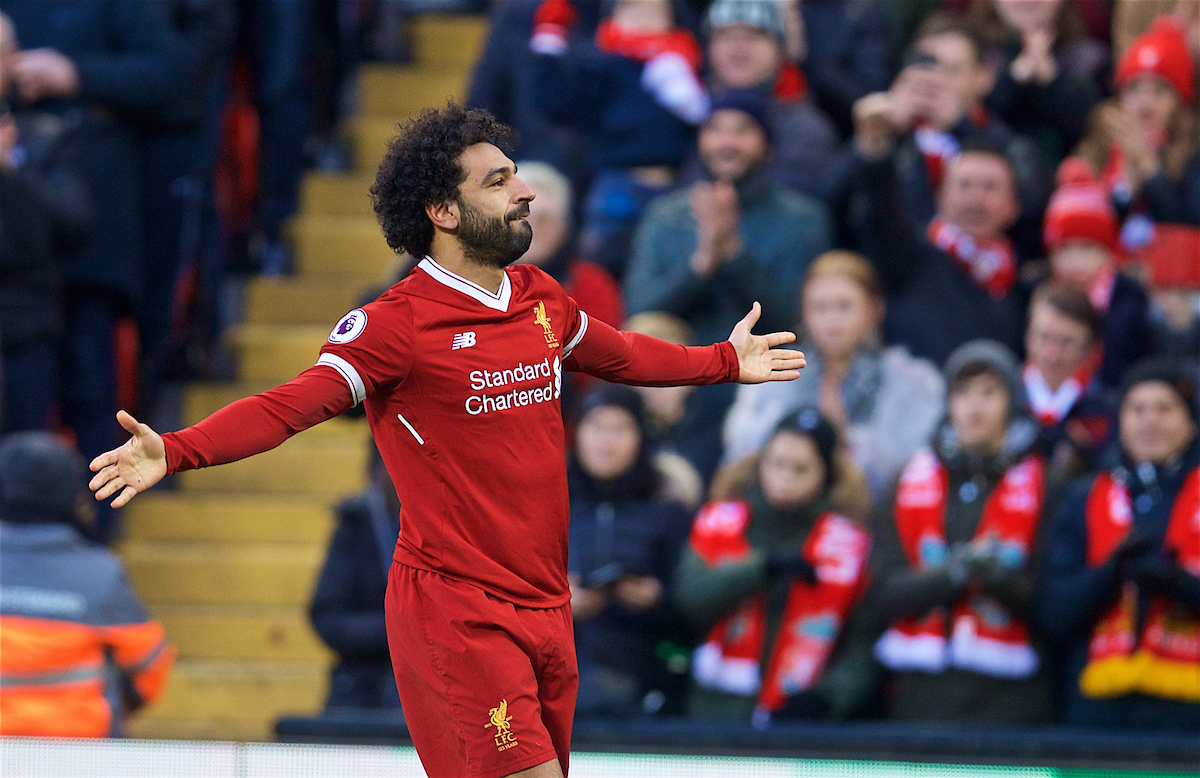 LIVERPOOL, ENGLAND - Saturday, February 24, 2018: Liverpool's Mohamed Salah celebrates scoring the second goal during the FA Premier League match between Liverpool FC and West Ham United FC at Anfield. (Pic by David Rawcliffe/Propaganda)