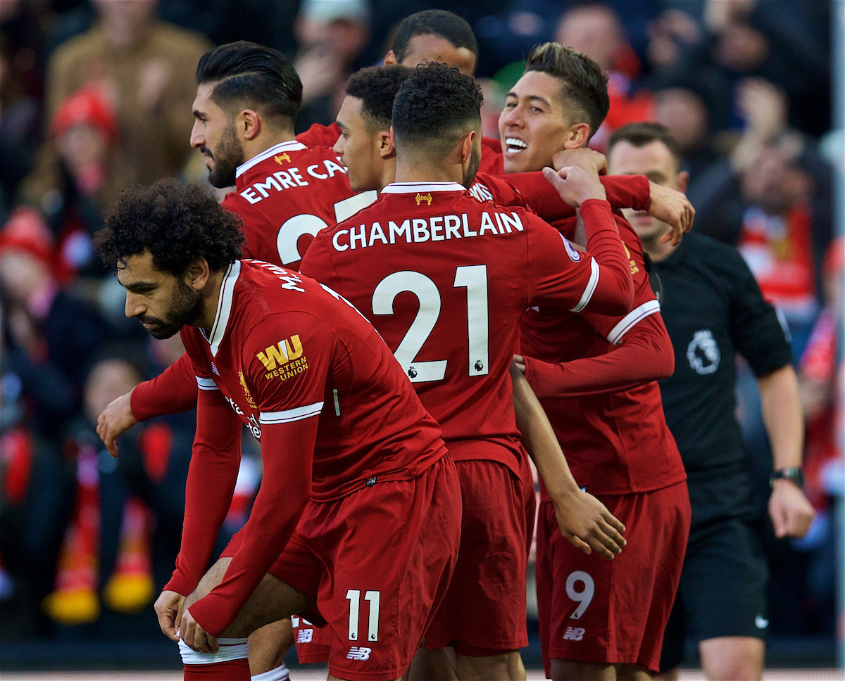 LIVERPOOL, ENGLAND - Saturday, February 24, 2018: Liverpool's Roberto Firmino celebrates scoring the third goal during the FA Premier League match between Liverpool FC and West Ham United FC at Anfield. (Pic by David Rawcliffe/Propaganda)