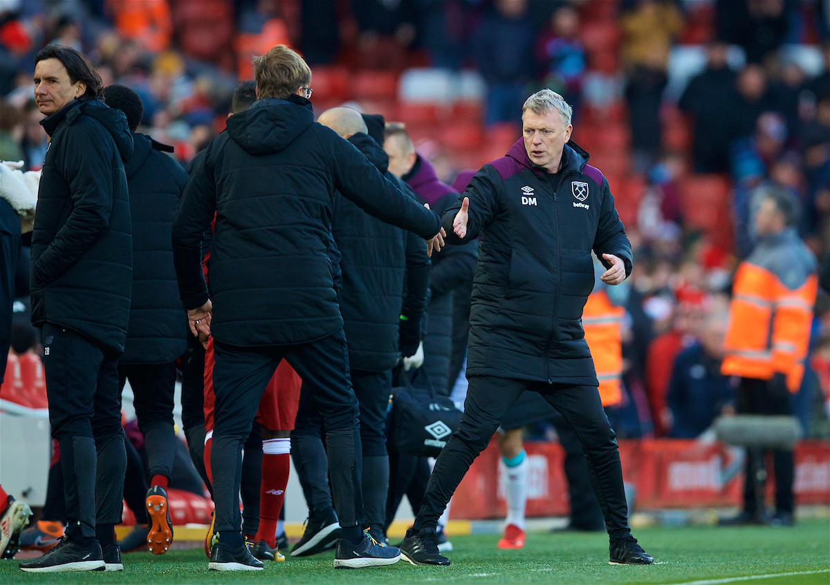 LIVERPOOL, ENGLAND - Saturday, February 24, 2018: West Ham United's manager David Moyes shakes hands with Liverpool's manager Jürgen Klopp after the FA Premier League match between Liverpool FC and West Ham United FC at Anfield. (Pic by David Rawcliffe/Propaganda)