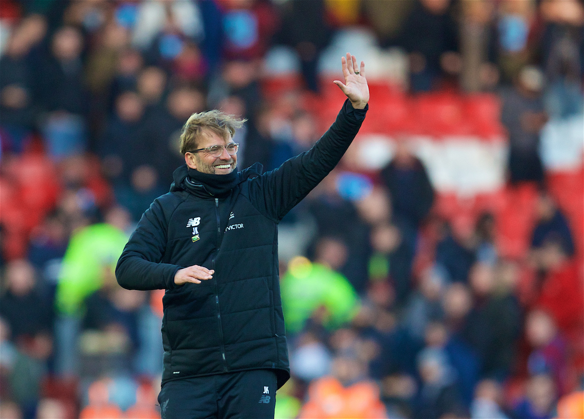 LIVERPOOL, ENGLAND - Saturday, February 24, 2018: Liverpool's manager Jürgen Klopp celebrates the 4-1 victory over West Ham United during the FA Premier League match between Liverpool FC and West Ham United FC at Anfield. (Pic by David Rawcliffe/Propaganda)