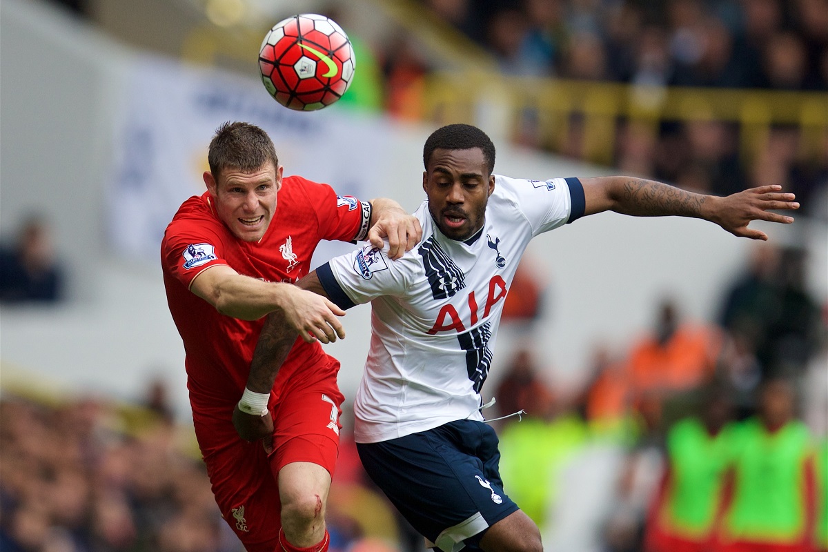 LONDON, ENGLAND - Saturday, Ogctober 17, 2015: Liverpool's James Milner in action against Tottenham Hotspur during the Premier League match at White Hart Lane. (Pic by David Rawcliffe/Kloppaganda)