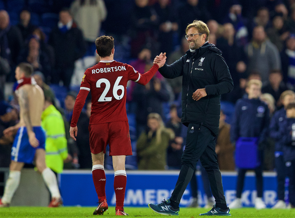 BRIGHTON AND HOVE, ENGLAND - Saturday, December 2, 2017: Liverpool's manager Jürgen Klopp celebrates the 5-1 victory over Brighton & Hove Albion with Andy Robertson during the FA Premier League match between Brighton & Hove Albion FC and Liverpool FC at the American Express Community Stadium. (Pic by David Rawcliffe/Propaganda)