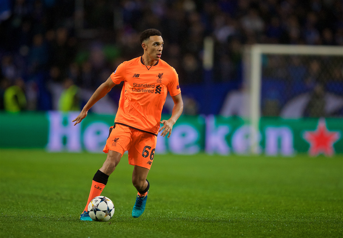 PORTO, PORTUGAL - Wednesday, February 14, 2018: Liverpool's Trent Alexander-Arnold during the UEFA Champions League Round of 16 1st leg match between FC Porto and Liverpool FC on Valentine's Day at the Estádio do Dragão. (Pic by David Rawcliffe/Propaganda)